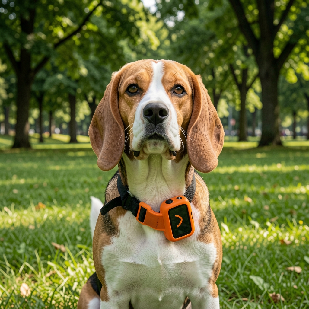 Câine Beagle cu un dispozitiv GPS Tractive portocaliu fixat pe zgardă, în parc cu copaci verzi în fundal
