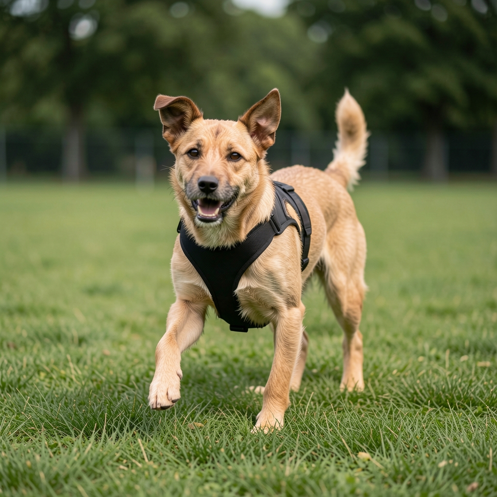 Câine Border Collie purtând ham ergonomic negru în timpul unui antrenament de agilitate pe teren verde