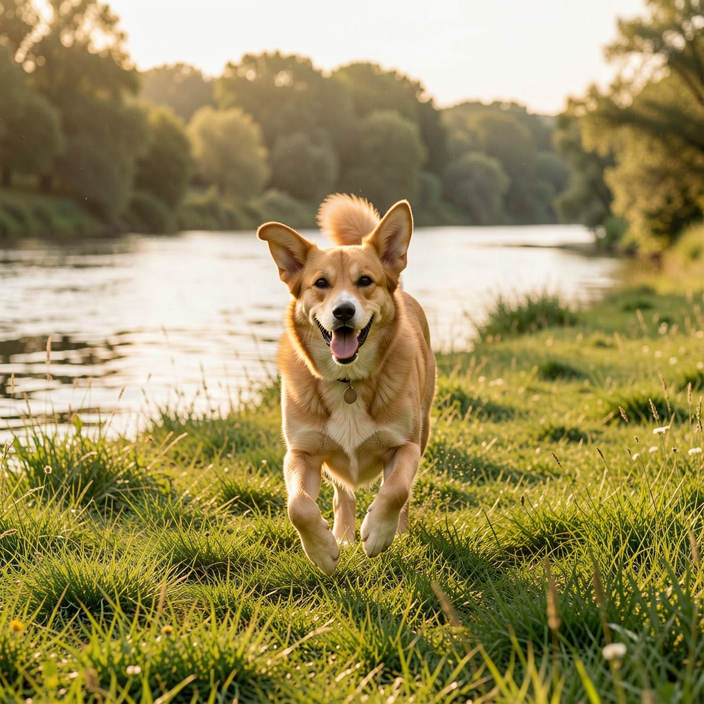 Câine Golden Retriever fericit în aer liber, alergând pe un câmp verde în apropierea unui râu, sub lumina caldă a soarelui