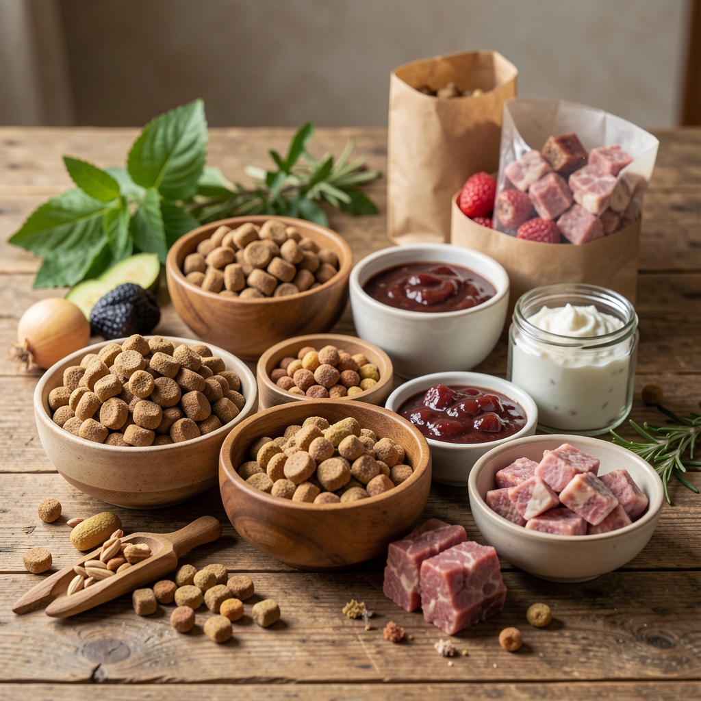 Varietate de boluri cu diferite tipuri de hrană pentru câini, hrană uscată, umedă și crudă (BARF) aranjate pe masă din lemn cu ingrediente naturale vizibile
