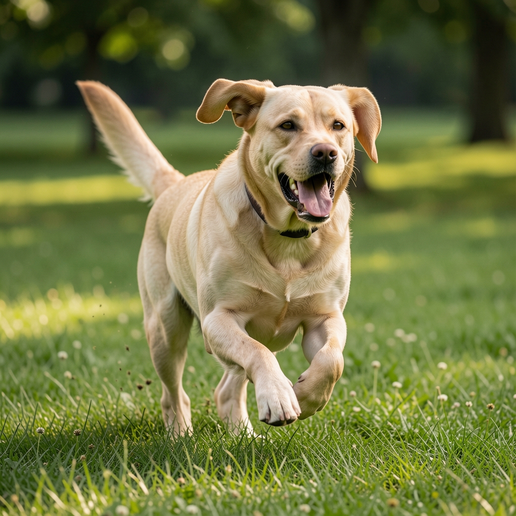 Câine labrador retriever energic alergând pe iarbă verde, privind fericit, fotografie de exterior în lumină naturală