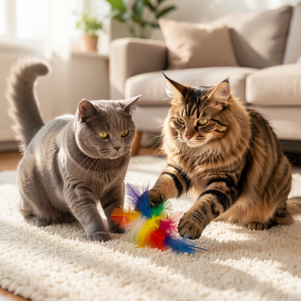 Pisică british shorthair gri și pisică maine coon tabby jucându-se împreună cu o jucărie cu pene pe un covor moale, fotografie luminoasă în interior