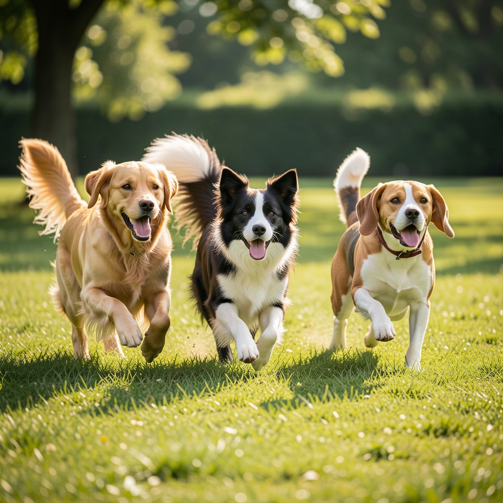Grup de câini fericiți de rase diferite — golden retriever, border collie și beagle — alergând și jucându-se pe iarbă verde, fotografie luminoasă în aer liber