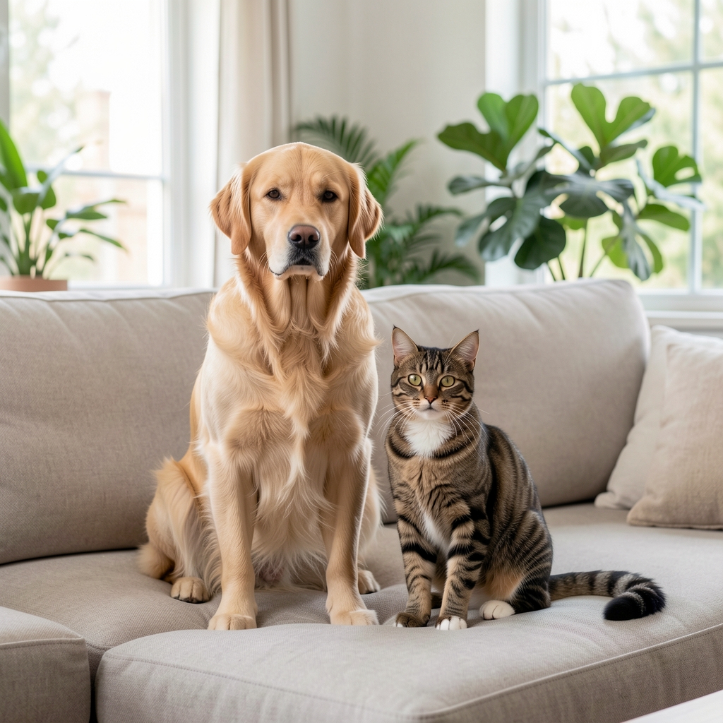 Câine golden retriever și pisică tabby stând împreună pe o canapea confortabilă într-un living modern și luminos, cu plante verzi în fundal