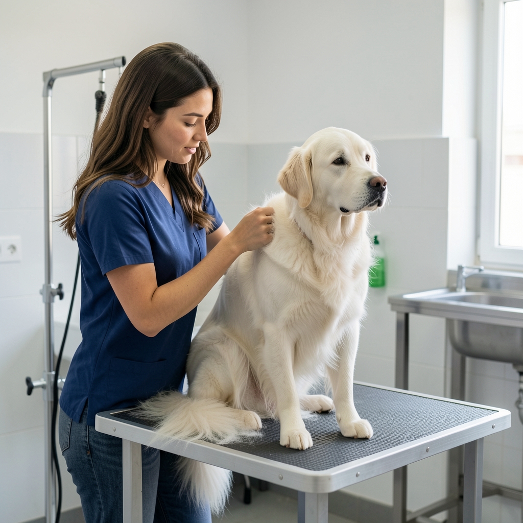 Tânără femeie care periază blana unui Golden Retriever alb în timp ce câinele stă liniștit pe o masă de toaletare profesională