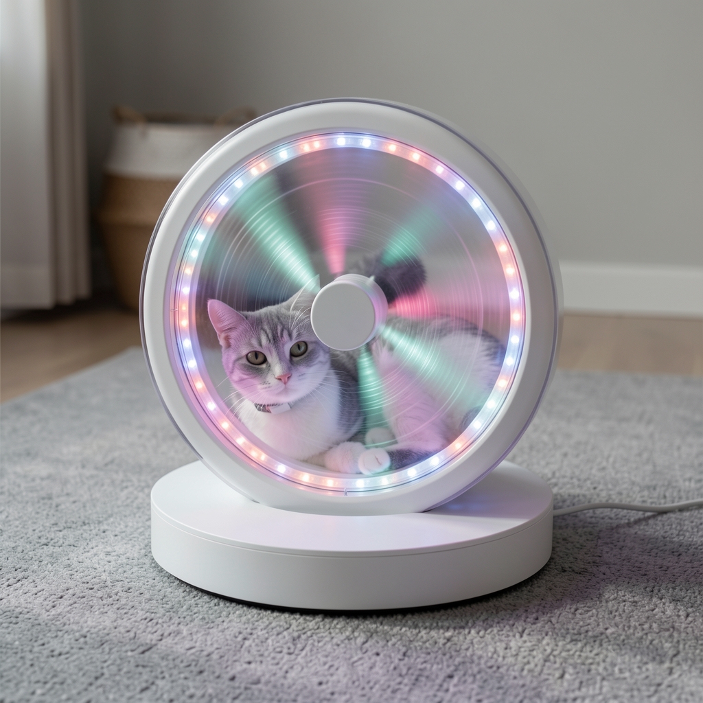 Jucărie interactivă automată pentru pisici cu pană rotativă și lumini LED, bază circulară albă pe covor gri