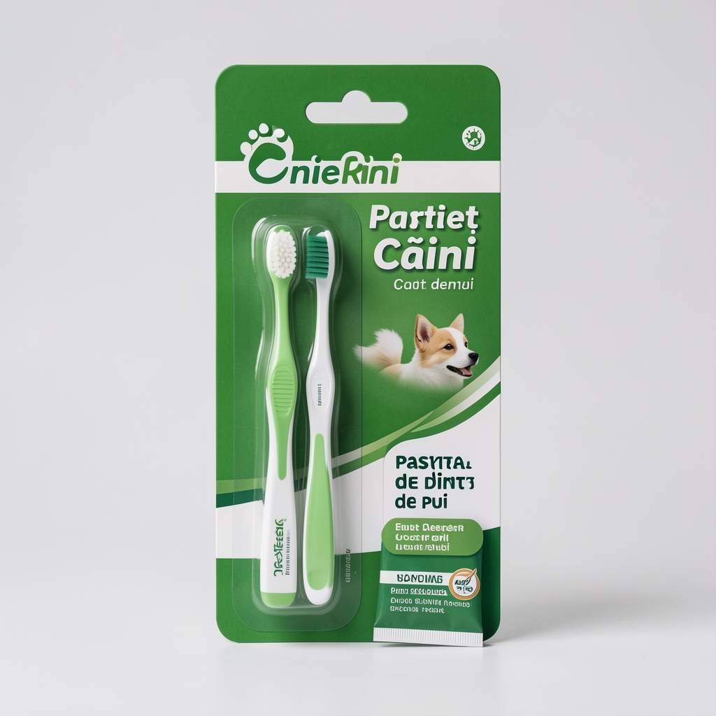 Set periuță dentară pentru câini cu pastă de dinți cu gust de pui, packaging verde și alb