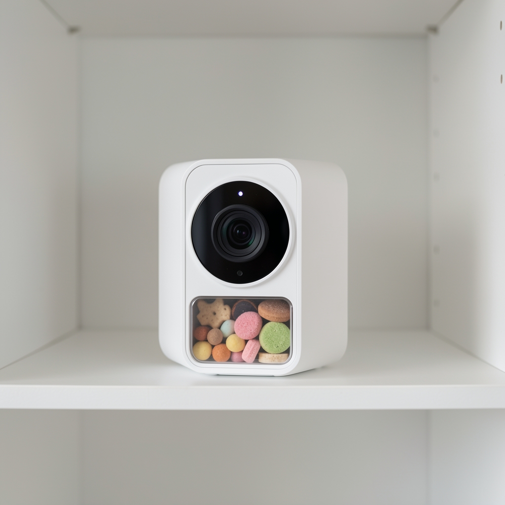 Cameră de supraveghere Petcube Bites 2 albă dreptunghiulară cu compartiment de treats integrat, LED indicator și obiectiv 160 grade, pe raft alb de interior