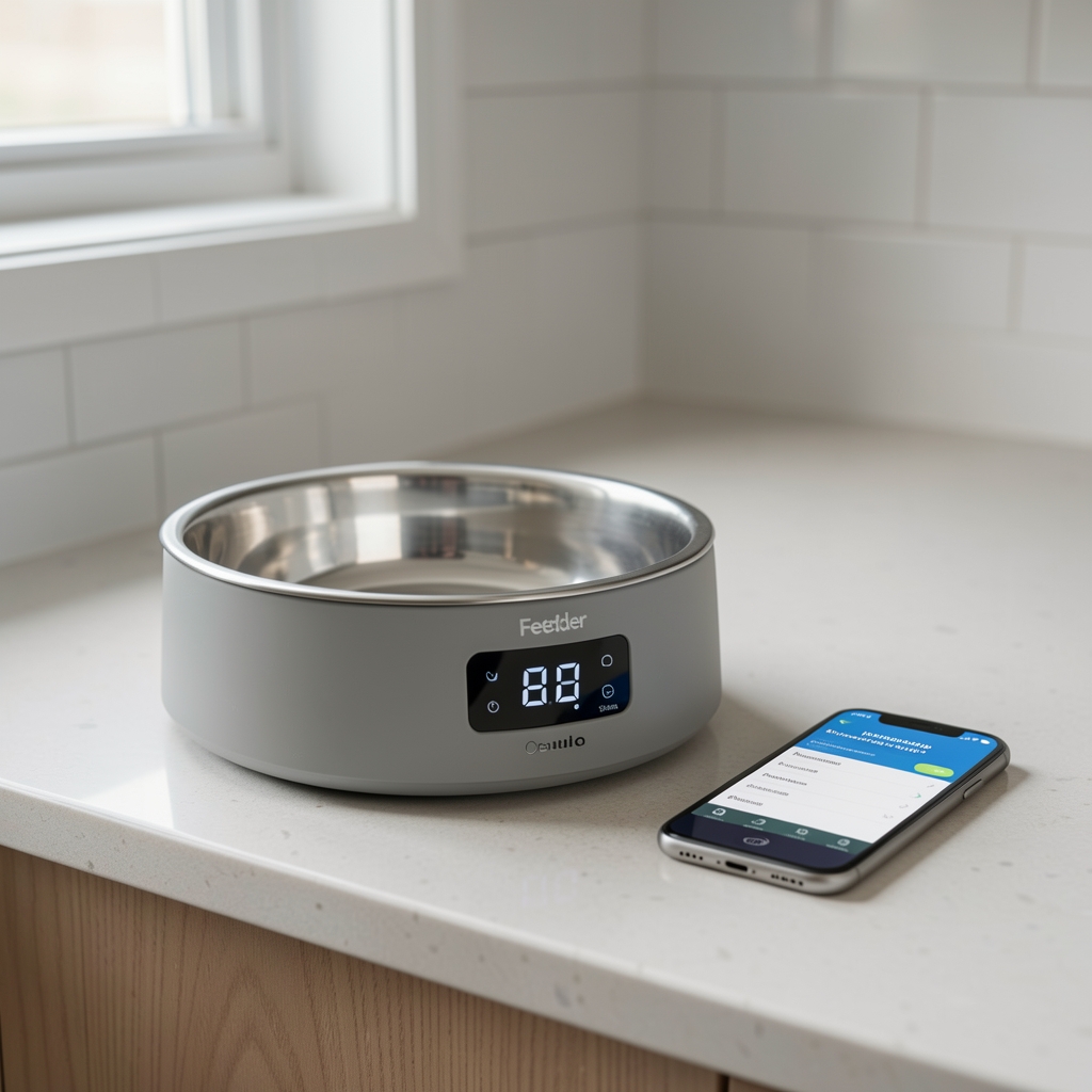 Feeder automat pentru animale de companie PetSafe Smart Feed 2.0 gri cu bol din inox, afișaj LCD digital și ecran configurare pe smartphone, pe blat de bucătărie