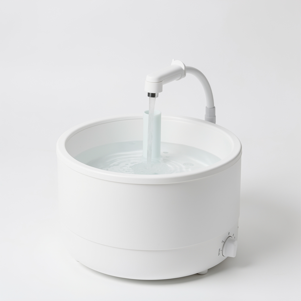 Fântână electrică de apă pentru pisici Catit Flower Fountain 3L din plastic alb, cu filtru carbon activat și flux reglabil, pe fundal neutru alb