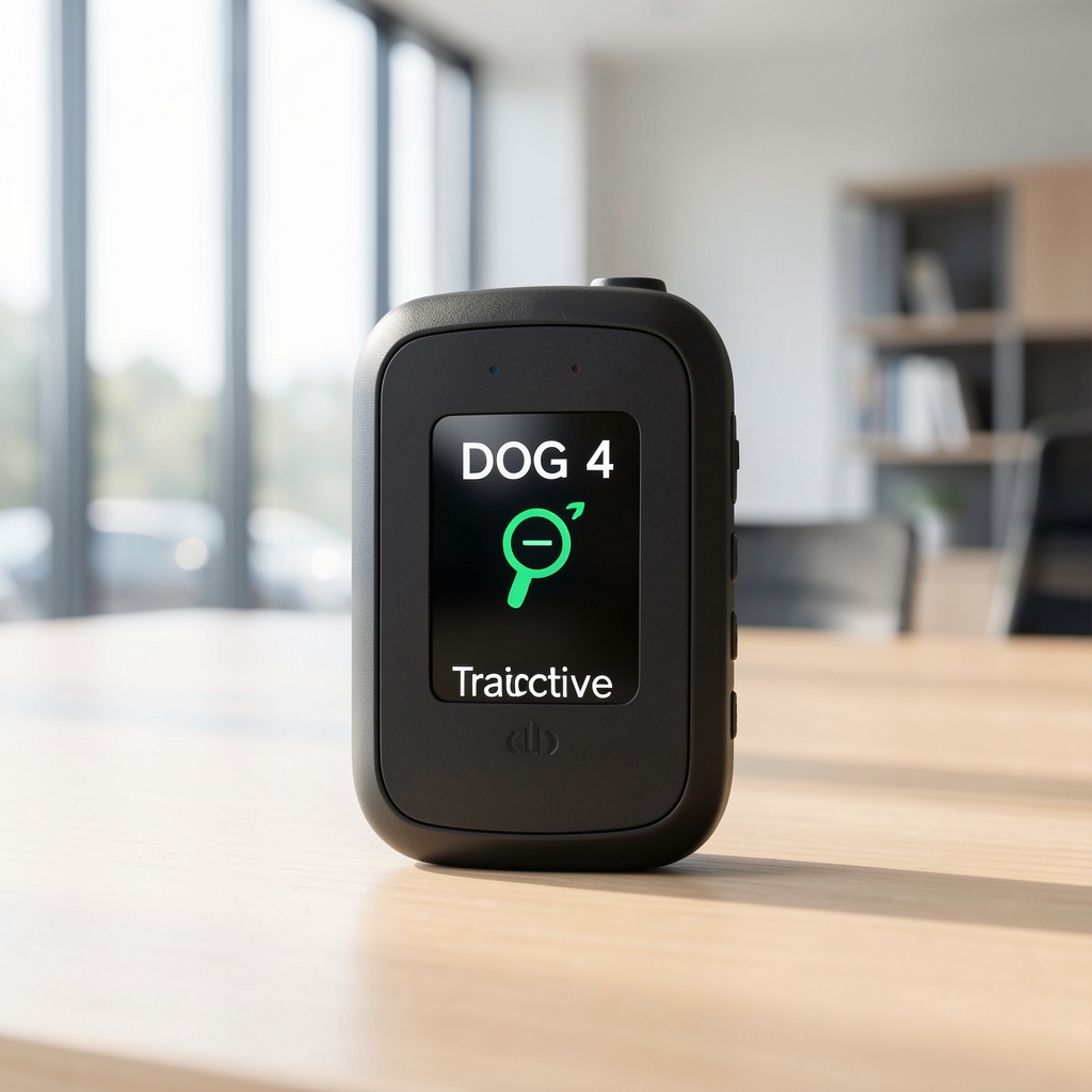 GPS tracker pentru câini Tractive model negru compact, atașat la zgarda unui câine ciobănesc german, pe fundal alb tehnic