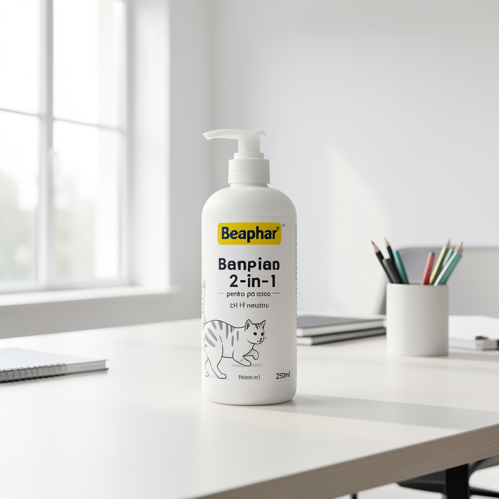 Flacon șampon Beaphar 2-în-1 pentru pisici cu pH neutru, culoare albă cu design minimalist, 250ml