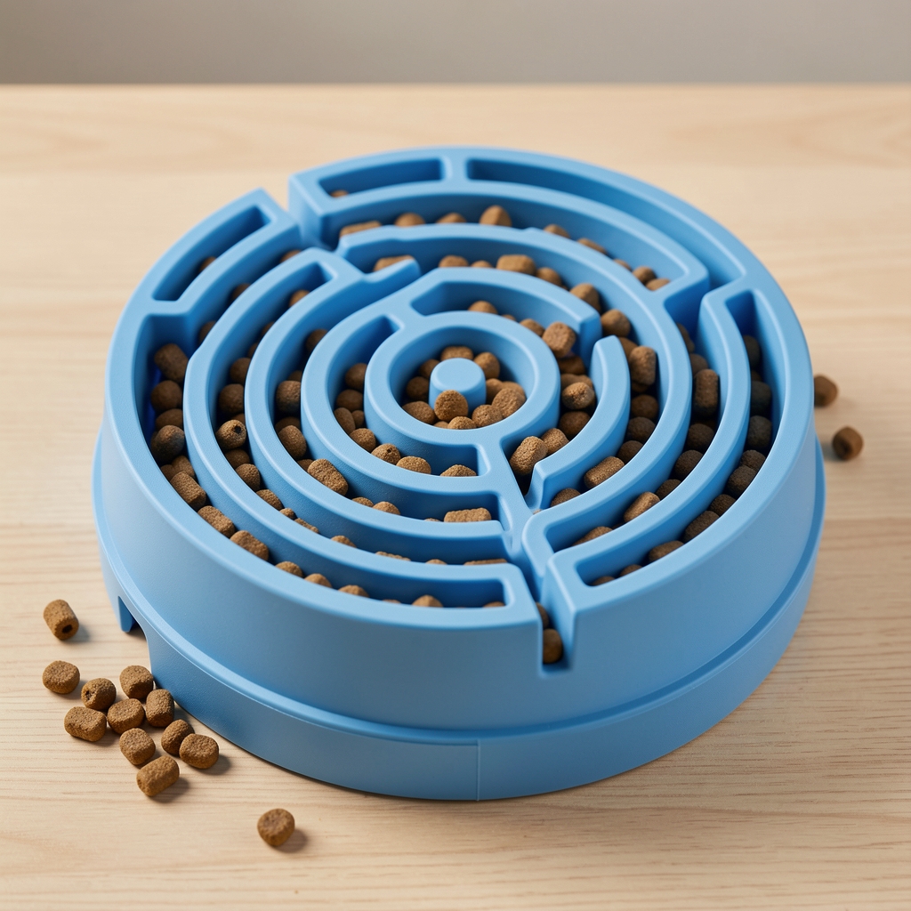 Bol slow-feeder din silicon albastru cu labirint pentru câini, previne consumul rapid al hranei, baza anti-alunecare