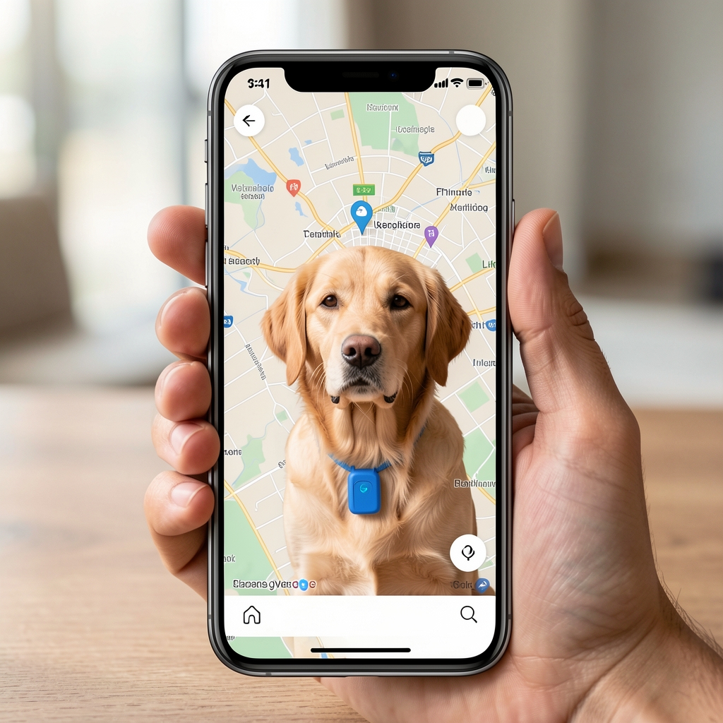 Tablou de bord aplicație mobilă pe smartphone modern afișând harta cu localizarea în timp real a unui câine golden retriever echipat cu tracker GPS mic pe zgardă albastră