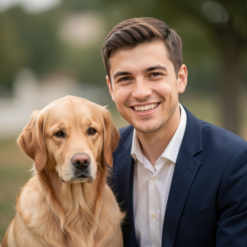 Portret Andrei Moldovan, co-fondator Petvora, bărbat tânăr în jur de 30 de ani zâmbind, cu câine golden retriever lângă el