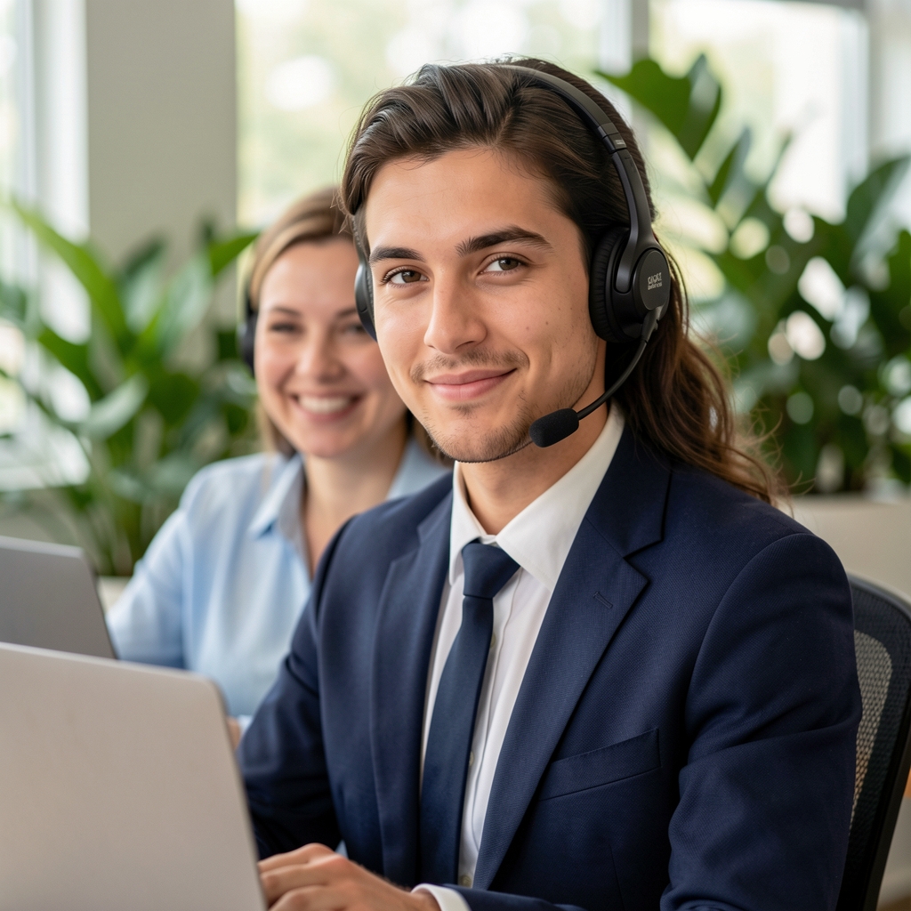 Portret Elena Dumitrescu, specialist customer success Petvora, femeie zâmbitoare cu headset, la birou cu laptop și plante verzi în fundal