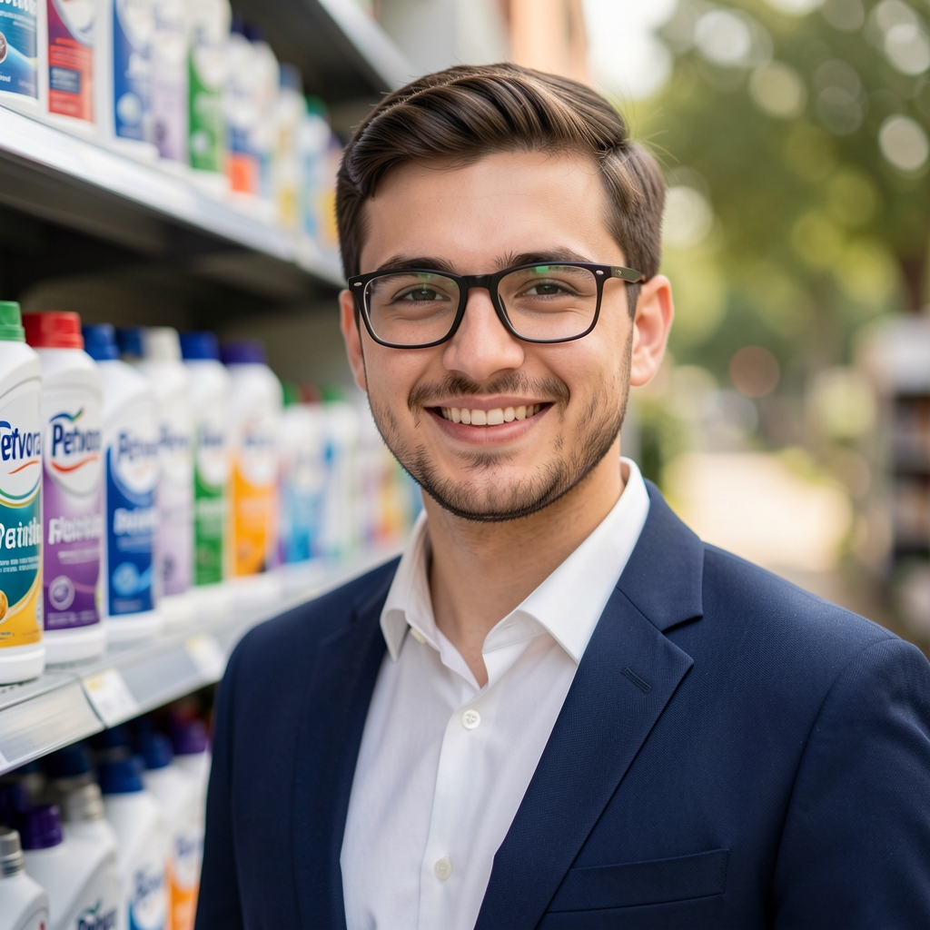 Portret Radu Popa, specialist produse Petvora, bărbat în jur de 28 de ani cu ochelari și zâmbet, în fața unui raft cu produse pet